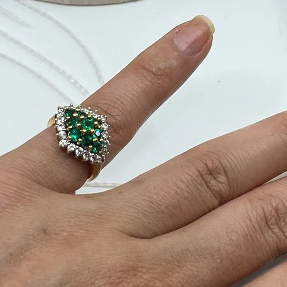 Vintage Emerald 925 Gold Vermeil Cluster Ring - Picture 11 of 17